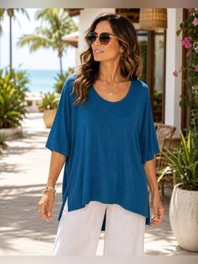 No Comment Teal High-Low Slub Knit Blouse XL Oversized
